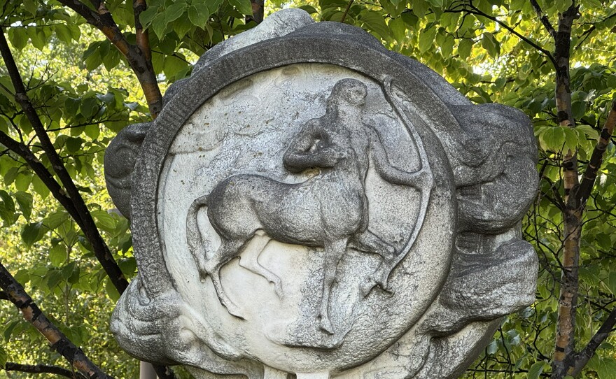 Sagittarius draws his bow in a sculpture in the Cleveland Museum of Art’s Zodiac Garden.