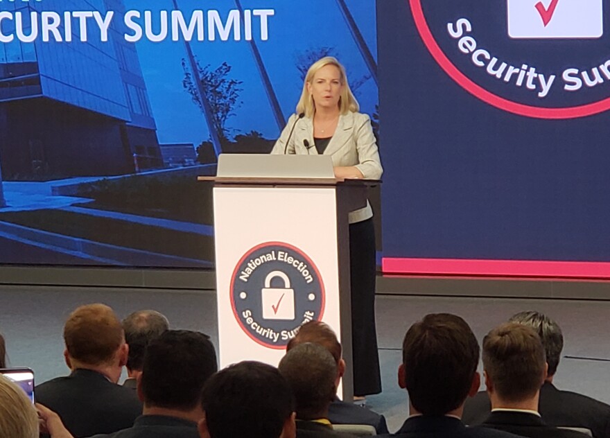 U.S. Department of Homeland Security Secretary Kirstjen Nielsen addresses election officials from roughly a dozen states at an election security summit held in St. Louis County.