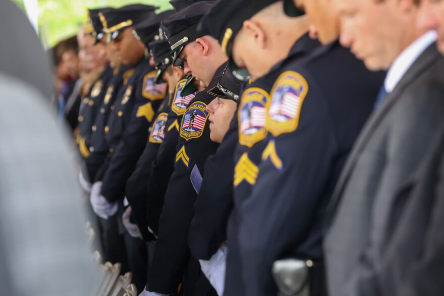 Members of the Rutland City Police Department at the funeral of their fellow officer Jessica Ebbighausen Tuesday.