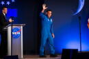 Artemis III crew member Frank Rubio waves to the crowd during a press conference at Johnson Space Center on Tuesday, June 9, 2026, in Houston. (Annie Mulligan/AP)