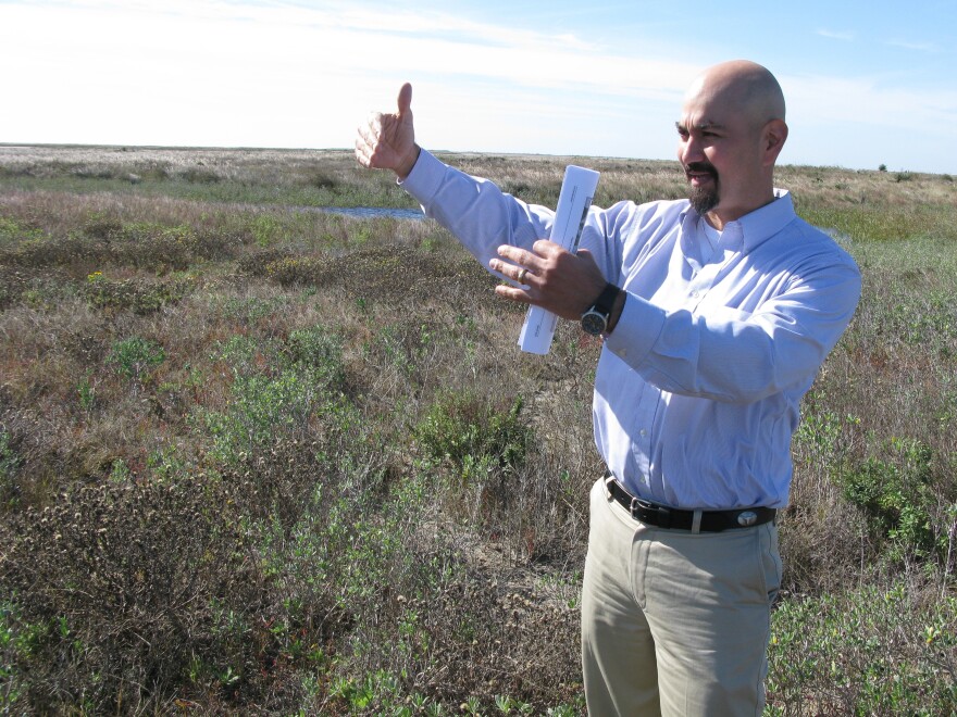 Gilbert Salinas, executive vice president of the Brownsville Economic Development Council, stands in the area where SpaceX might build its first commercial orbital launch site.