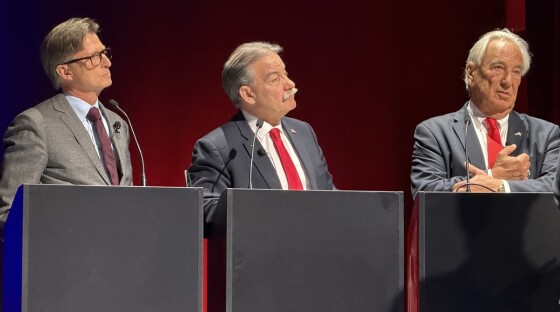Republican gubernatorial candidates Jonathan Bush (from left), Bobby Charles and David Jones listen during a debate at Aura in Portland on Wednesday, May 13, 2026.