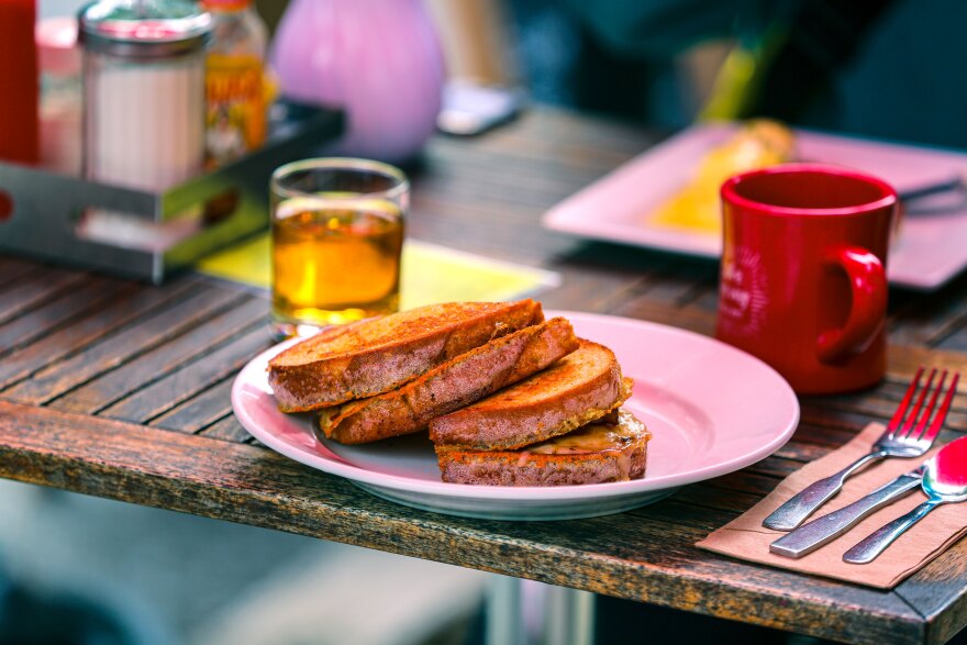 A french toast breakfast sandwich at Cafe This Way in Bar Harbor, Maine on June 3, 2024.