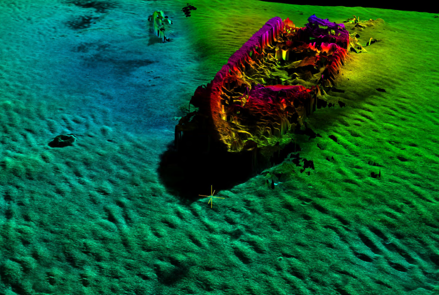 Bathymetric view of U.S.S. Monitor, looking at the bow and forward section of the wreck captured by Northrop Grumman using μSAS™.