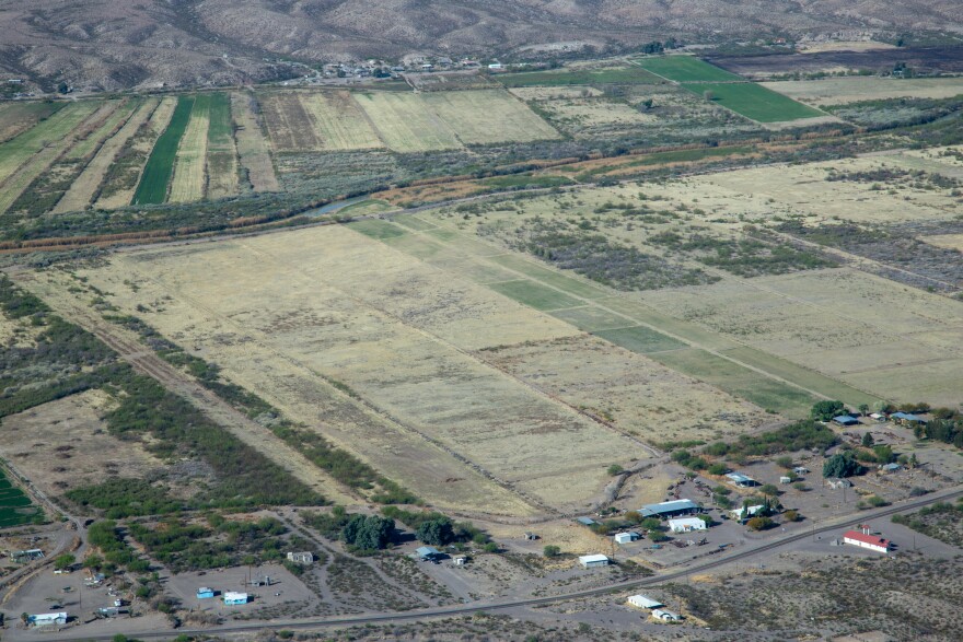 An aerial view of Redford, Texas in March 2026. Land holdings in the town are generally narrow and long, backing up to the Rio Grande.