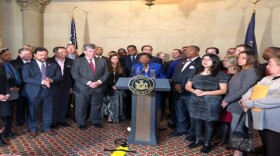 Senate Democratic Leader Andrea Stewart-Cousins meets with Democratic senators in late 2018 at the State Capitol.