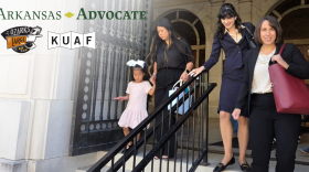 Attorneys Maria Victoria Abut (second from right) and Molly Duane (right) leave the Pulaski County Circuit Courthouse on Sept. 28, 2026 after a hearing over Arkansas’ abortion ban. Abut and Duane represent seven plaintiffs, including Theresa Van (second from left), pictured with her daughter, Camille (left).