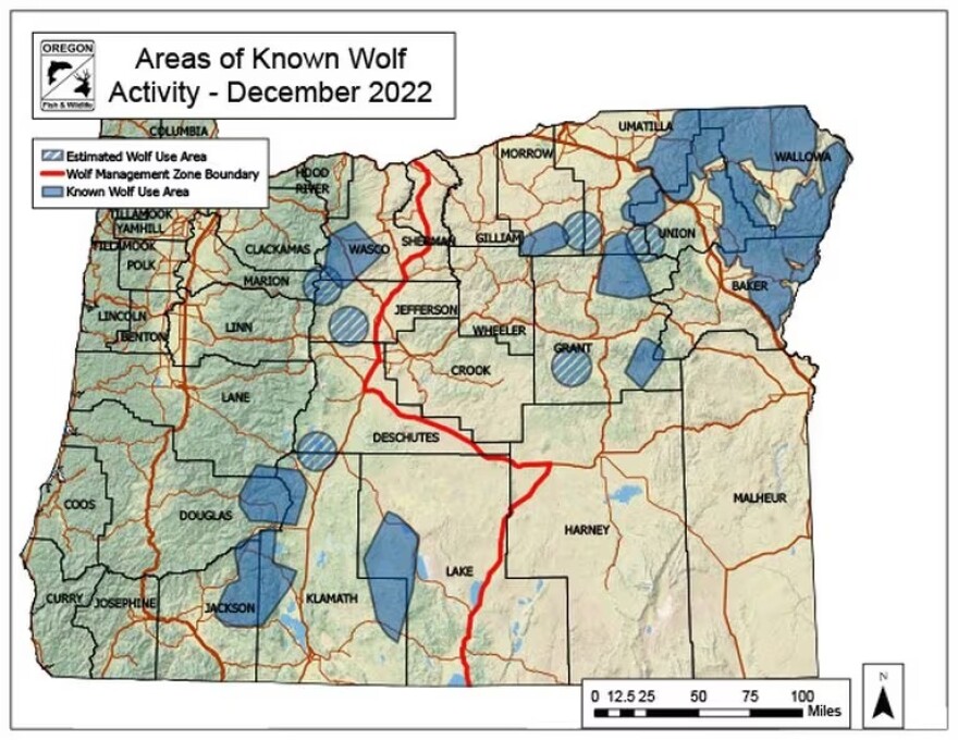 The most recent map of known wolf pack territories from the Oregon Department of Fish and Wildlife shows many packs concentrated in northeastern Oregon.