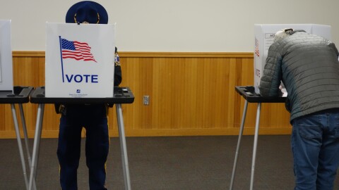 Voters fill out their ballots at the Yupiit Picaryarait Cultural Center in Bethel on Aug. 18, 2026.