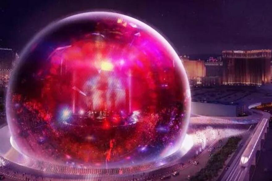 A rendering of the MSG Sphere, an 18,000-seat music venue going up east of the Strip.