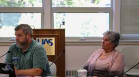 University of Alaska Regent Joey Crum and UA President Pat Pitney listen during a meeting at the University of Alaska Southeast in Juneau on Sept. 4, 2025.