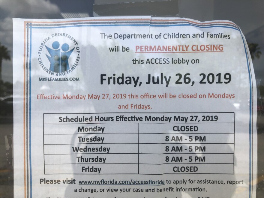 A sign posted on the Port Richey Department of Children and Families Access Office confirms it's closing next month.