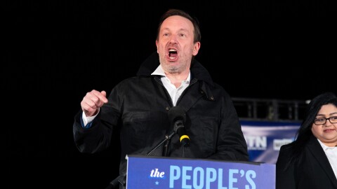 Sen. Chris Murphy, D-Conn., speaks during the "People's State of the Union" rally outside of the U.S. Capitol Tuesday, Feb. 24, 2026, in Washington. (AP Photo/Jose Luis Magana)