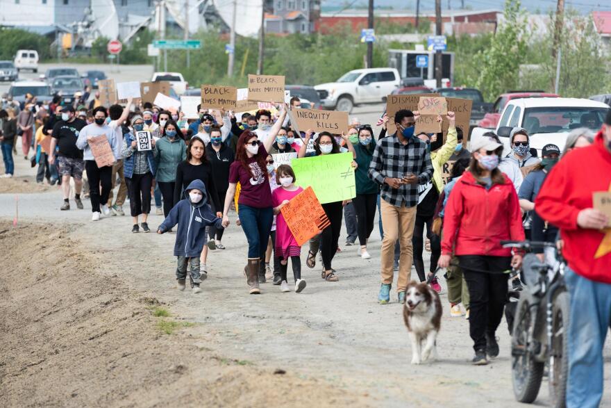 Community members marched from the Yupiit Piciryarait Cultural Center to Watson's Corner and back in solidarity with the Black Lives Matter movement in the wake of the murder of George Floyd. Picture taken in Bethel, Alaska on June 2, 2020.