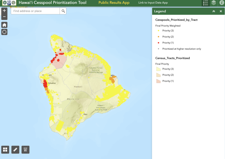 The Hawaiʻi Cesspool Prioritization Tool is an interactive interface that shows the location of cesspools across the state. Cesspools posing the highest risk to drinking water resources and reef ecosystems are marked in red.