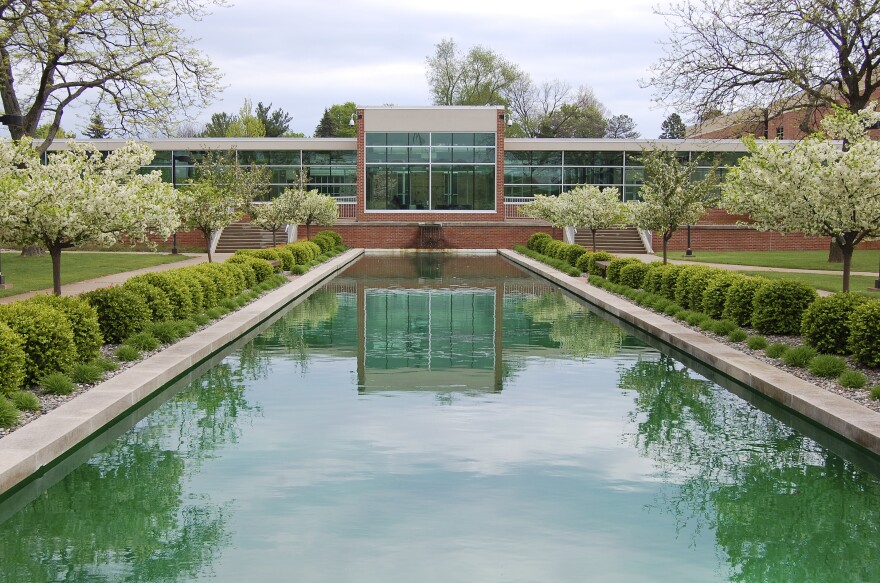   The front of Kellogg Community College's North Avenue campus in Battle Creek, looking over the reflecting pools.