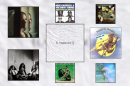 A collection of artwork for eight music releases inside black square frames. The middle square is the largest, it shows a crumpled piece of paper. Two squares on the left are the next biggest, the top has an image of a woman's face and the bottom has three women sitting together. The next biggest square is on the right and has a knight riding a dragon. In the four smallest squares, one has four men's heads,  one has a table top with hands and pints of beer, one has a woman showing her dress off, and the last has a hazy image of a woman wearing a bandana.