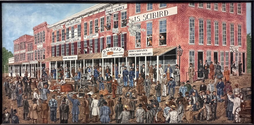 A painting of a crowd watching the sacking of the Bloomington Times