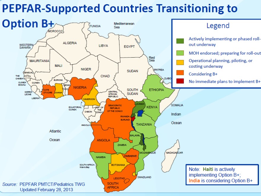 Where is Option B+? Several countries in sub-Saharan Africa, like Zambia, Kenya and Tanzania, are already planning to implement the program. The U.S. government funds Option B+ through the President's Emergency Plan for AIDS Relief.