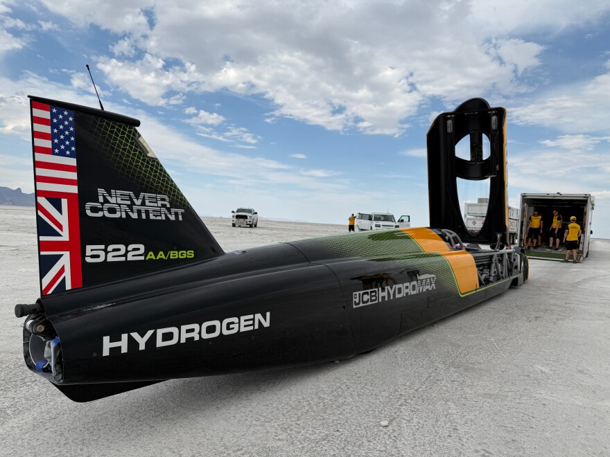 The JCB Hydromax sits on the Bonneville Salt Flats in Wendover, Utah, where Andy Green aims to drive it to a land speed record for cars powered by hydrogen internal combustion engines, Monday, Aug. 10, 2026.