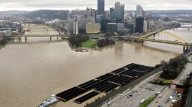 Point State Park, center, at the confluence of the Allegheny, left, Monongahela, right, and Ohio, bottom left, rivers in Downtown Pittsburgh is flooded on Wednesday, April 3, 2024.