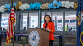 Gov. Kathy Hochul, speaking in Syracuse on Friday, June 2, 2023, said she's still asking the White House for help in dealing with the state's migrant crisis .