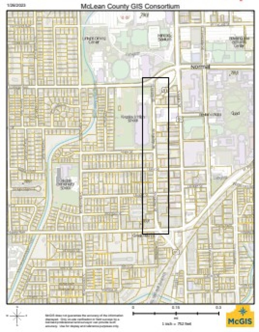 This outline shows where Normal plans to change connection points for its water mains along Kingsley Street. 