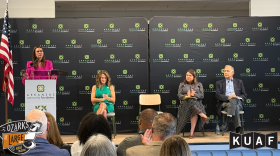 Governor Sarah Huckabee Sanders speaks during the a press conference at the Springdale Senior Center on Sept. 25, 2026. She joined (from left) Arkansas Community Foundation CEO Jessica Ford, Walmart Foundation President Julie Gehrki and U.S. Senator John Boozman for the launch of a grant program aimed at addressing food insecurity.