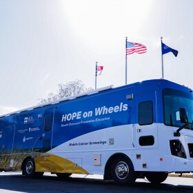 University of Kansas Cancer Center’s retrofitted bus, dubbed “HOPE on Wheels,” will offer free screening events, including for skin, prostate, and breast cancer, throughout Kansas and Western Missouri, with an emphasis on serving rural communities.