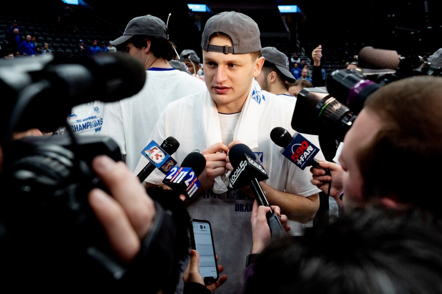 Drake Bulldogs XXXX speaks to the media on Sunday, March 5, 2023, after winning the Missouri Valley Conference’s “Arch Madness” championship against the Bradley Braves at the Enterprise Center.