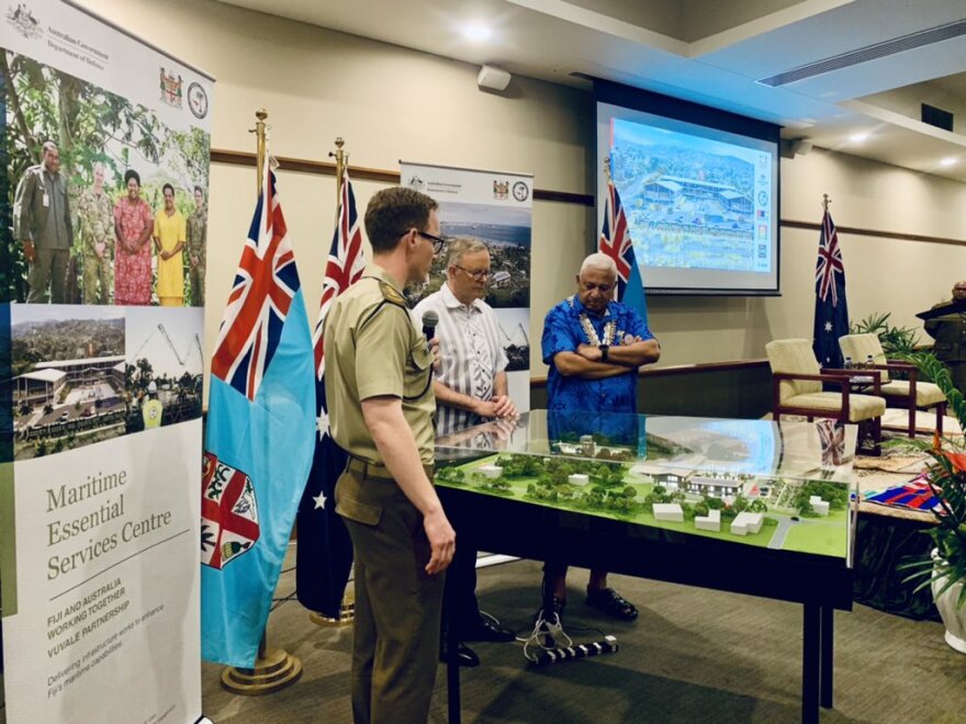 Fijian Prime Minister Voreqe Bainimarama and Australian Prime Minister Anthony Albanese launch the Maritime Essential Services Centre project on July 12, 2022.