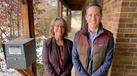  Senator Barb Kirkmeyer and Senator Steve Fenberg outside the KGNU studios in Boulder.