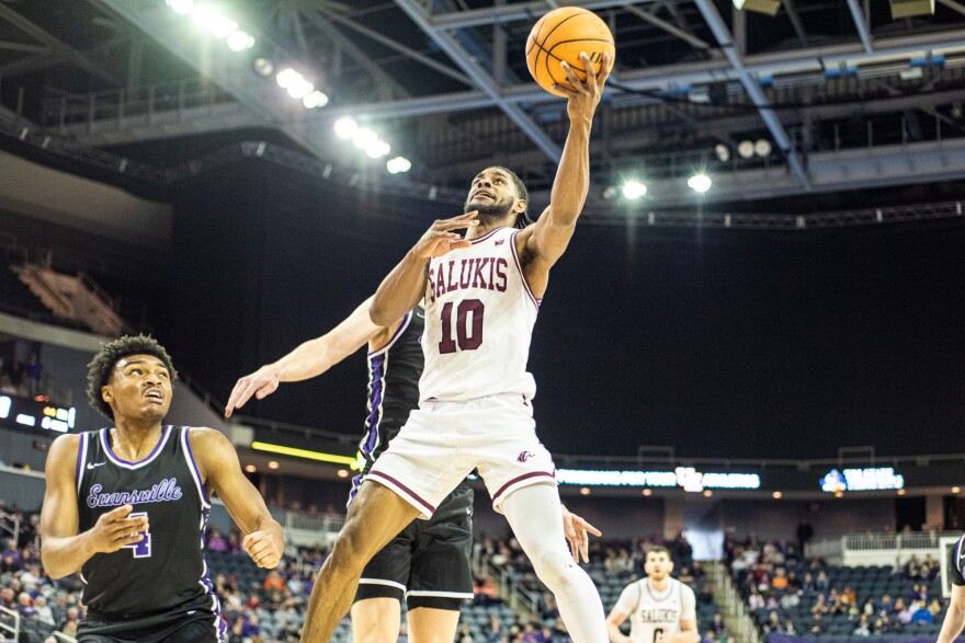 Xavier Johnson (10) goes for a layup in SIU's 65-53 win over Evansville.