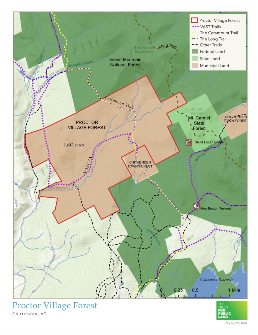 A map of the Proctor Village Forest shows the various ski and snowmobile trails that cross it.