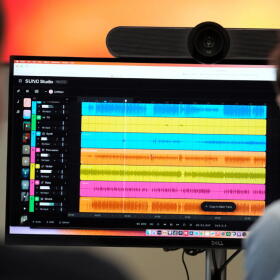 Waveforms of audio files from various instruments are displayed on a computer screen during the creation of an AI musical piece at SUNO, Tuesday, Jan. 13, 2026, in Cambridge, Mass. (Robert F. Bukaty/AP)