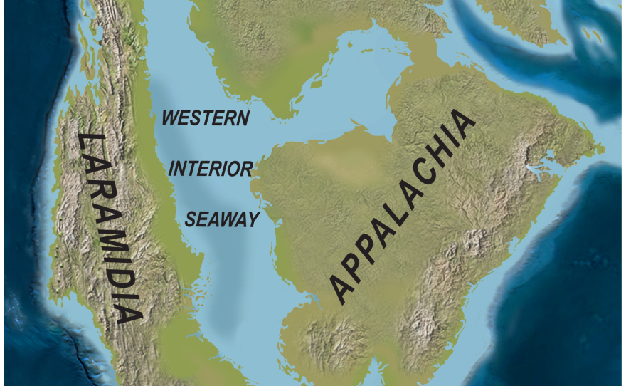02 N Am showing Laramidia & Appalachia @ 75 Ma mod from CP Geosystems (Sampson et al 2010, Wikimedia Commons).png