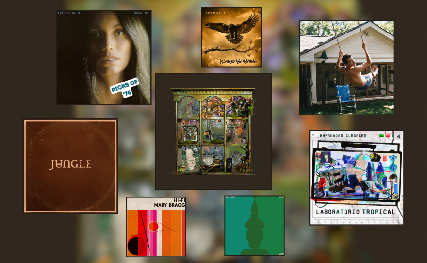 Artwork for four new albums, three new singles and one album from 1976, displayed in black square frames over a blurry green an brown background.
