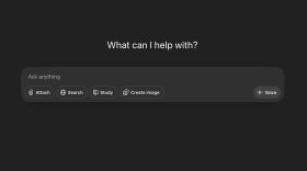 The home screen of Chat GPT invites users to "ask anything." A reminder at the bottom of the page says that users agree to terms and conditions when messaging Chat GPT, an AI chat bot.