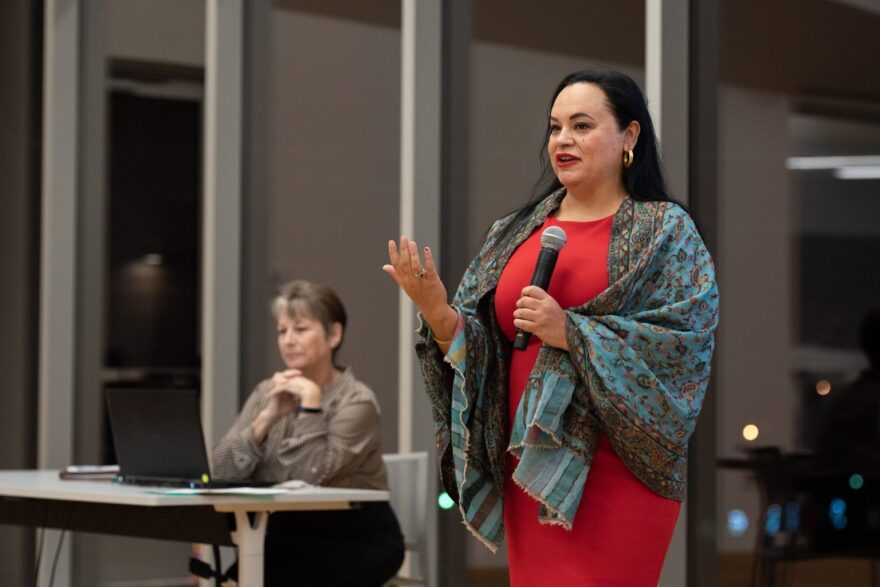 Candida Manion, executive director of the Oklahoma Coalition Against Domestic Violence and Sexual Assault, talked about lack of resources for victims of domestic violence during a town hall meeting at the Norman Central Library in December 2019.