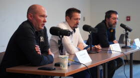 Ryan Tunseth, Dale Eicher and Nate Berga participate in a candidate forum hosted by KDLL 91.9 FM at the Soldotna Public Library in Soldotna, Alaska, on Thursday, Sept. 24, 2026.