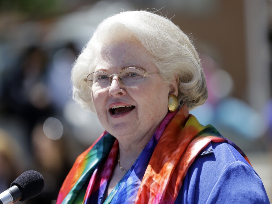 FILE - Attorney Sarah Weddington speaks during a women's rights rally on Tuesday, June 4, 2013, in Albany, N.Y. Weddington, who at 26 successfully argued the landmark abortion rights case Roe v. Wade before the U.S. Supreme Court, died Sunday, Dec. 26, 2021. She was 76. (AP Photo/Mike Groll, File)