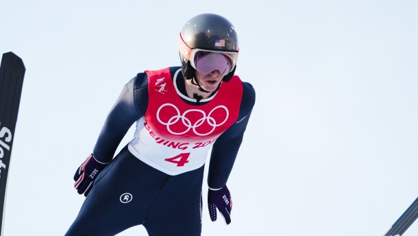 Parkite Stephen Schumann soars through the air during a trial round in the ski jump portion of the individual Gundersen normal hill event at the 2022 Winter Olympics in Zhangjiakou, China. 