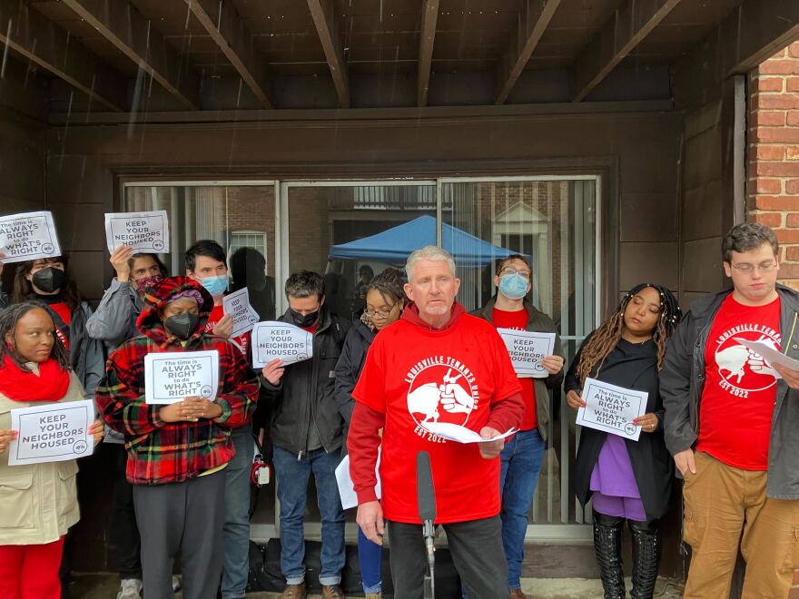 Tenant Patrick McCarthy discusses being forced out of the Yorktown Apartments during a press conference on January 25.