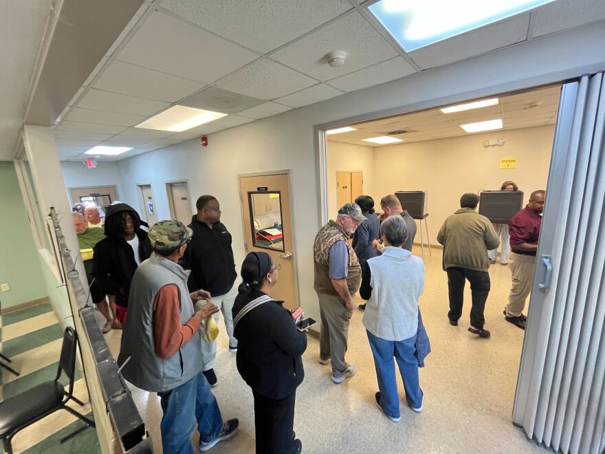 Early voters in South Carolina cast their ballots at the Orangeburg County Council on Aging early voting location on Monday, Oct. 21, 2024, in Vance, South Carolina. A line started forming before the location opened at 8:30 a.m.