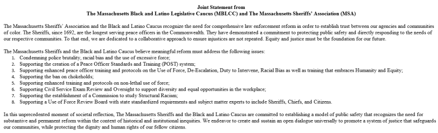 The joint statement from the Massachusetts Sheriffs' Association and the Massachusetts Black and Latino Caucus.