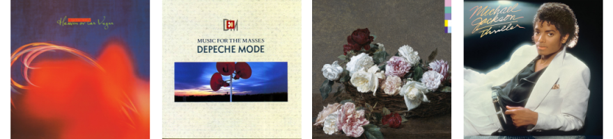Album covers from Cocteau Twins, Depeche Mode, New Order, and Michael Jackson