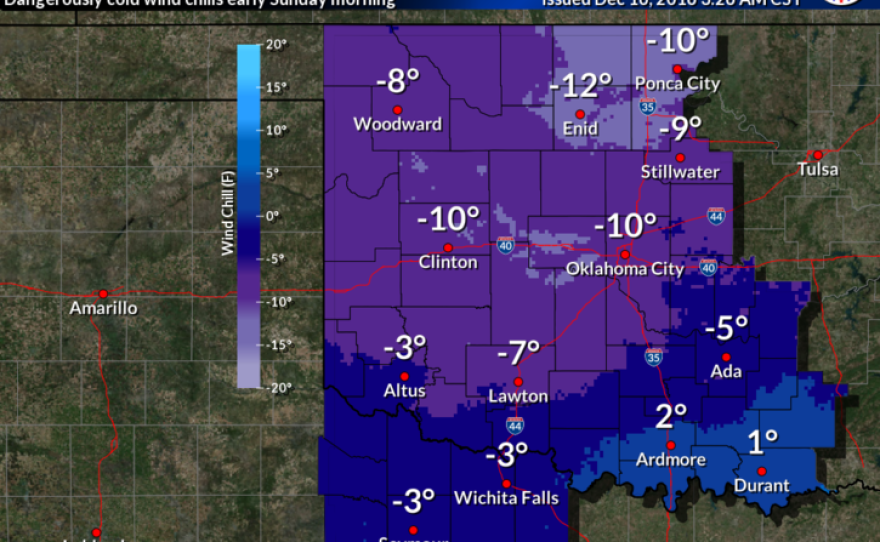 Dangerous wind chill values are expected late Saturday night into Sunday morning. Minimum wind chills early Sunday morning will range from around -10 F in northern and central Oklahoma to a few degrees above 0 F in south-central and southeast Oklahoma.
