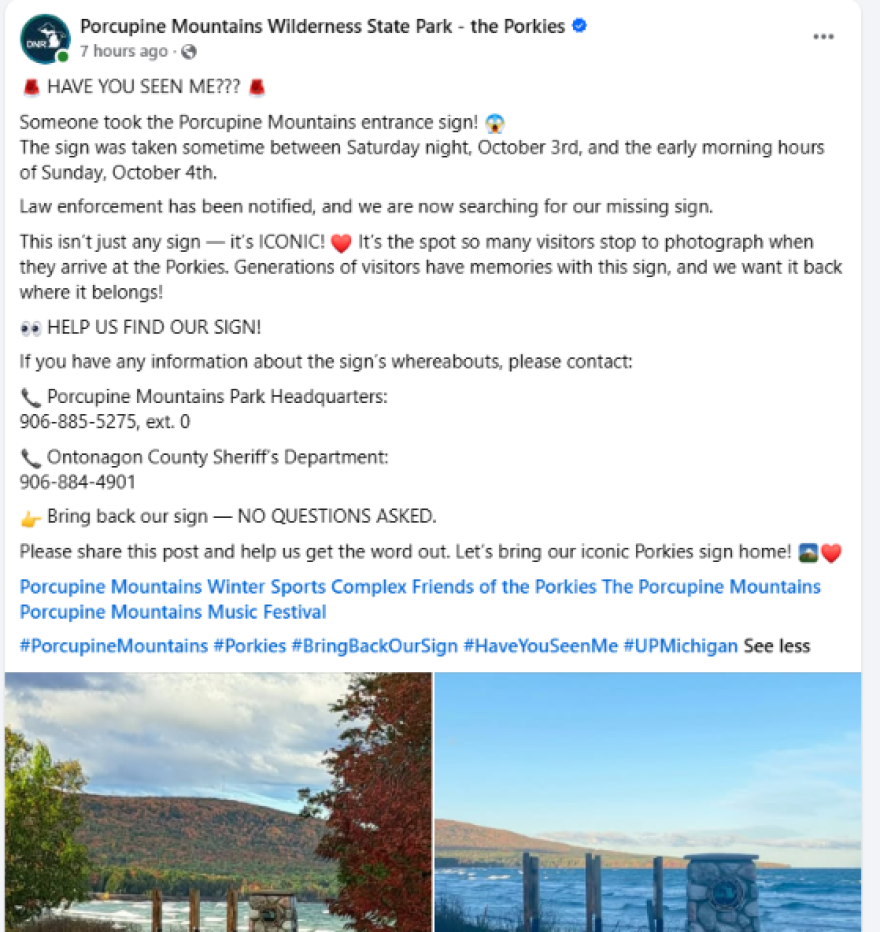 Screenshot of missing sign post on Facebook.