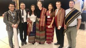 Indiana University linguistics professor Kelly Harper Berkson with members of the Chin Languages Research Project. From left to right, Peng Hlei Thang, Thomas Thawngza, Zai Sung, Kelly Harper Berkson, Sui Hnem Par, James C. Wamsley, Samson Lotven.