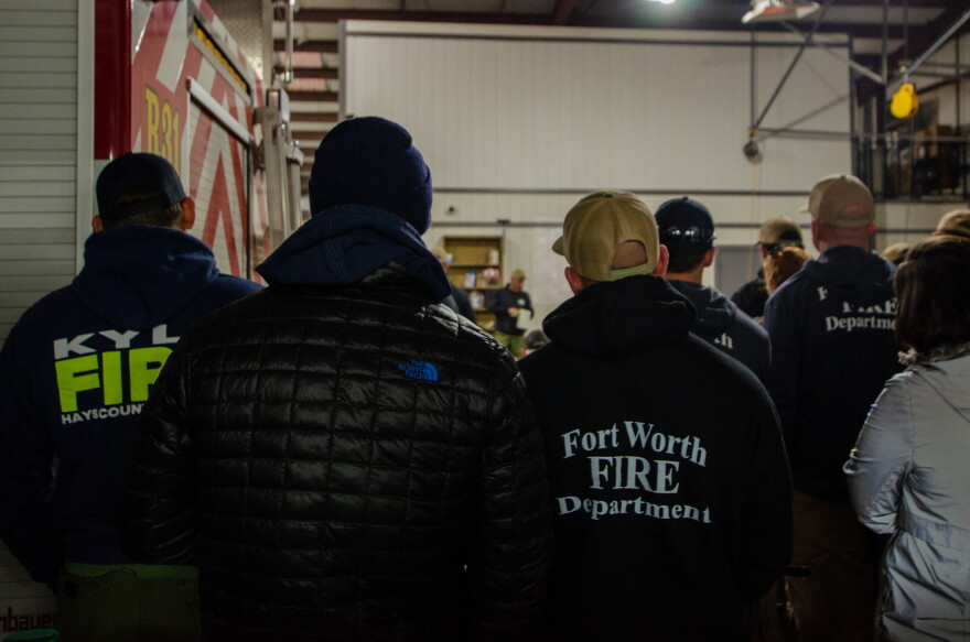 Firefighters attend a briefing on the Solar Park Fire on Tuesday, Feb. 28.